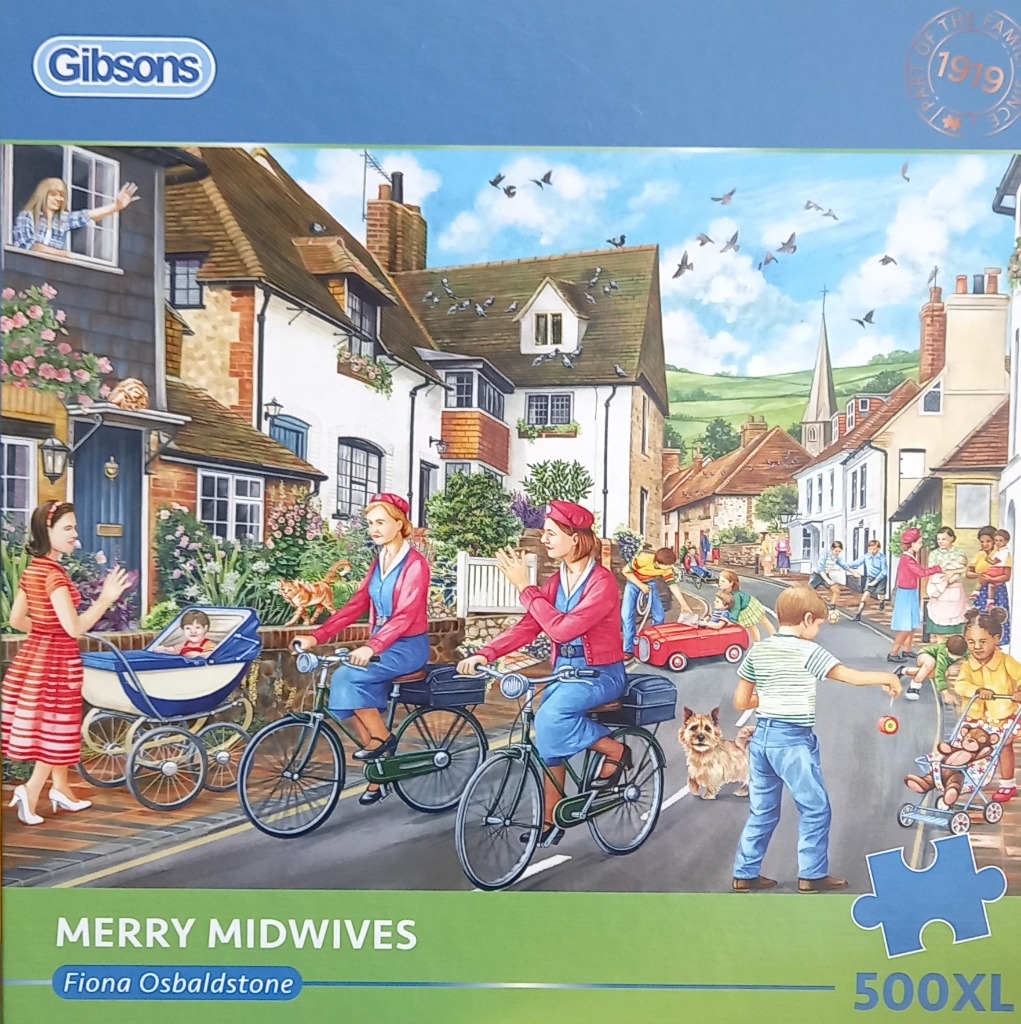 A nostalgic painting of midwives cycling through a quaint village street filled with residents and children.