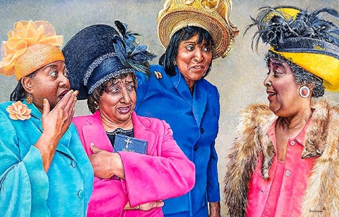 Four women in elegant hats and colorful suits sharing a conversation