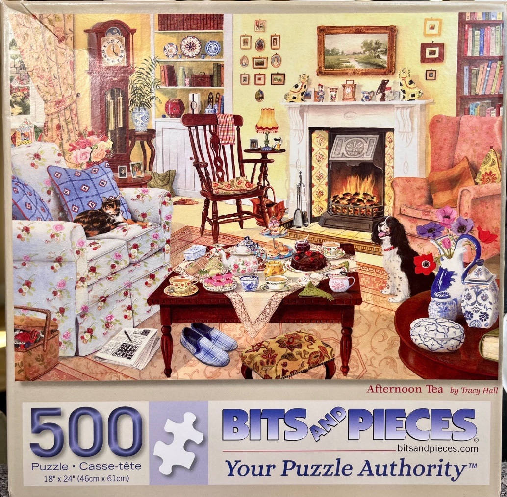 A cozy, illustrated living room scene featuring afternoon tea, a fireplace, and two pets.