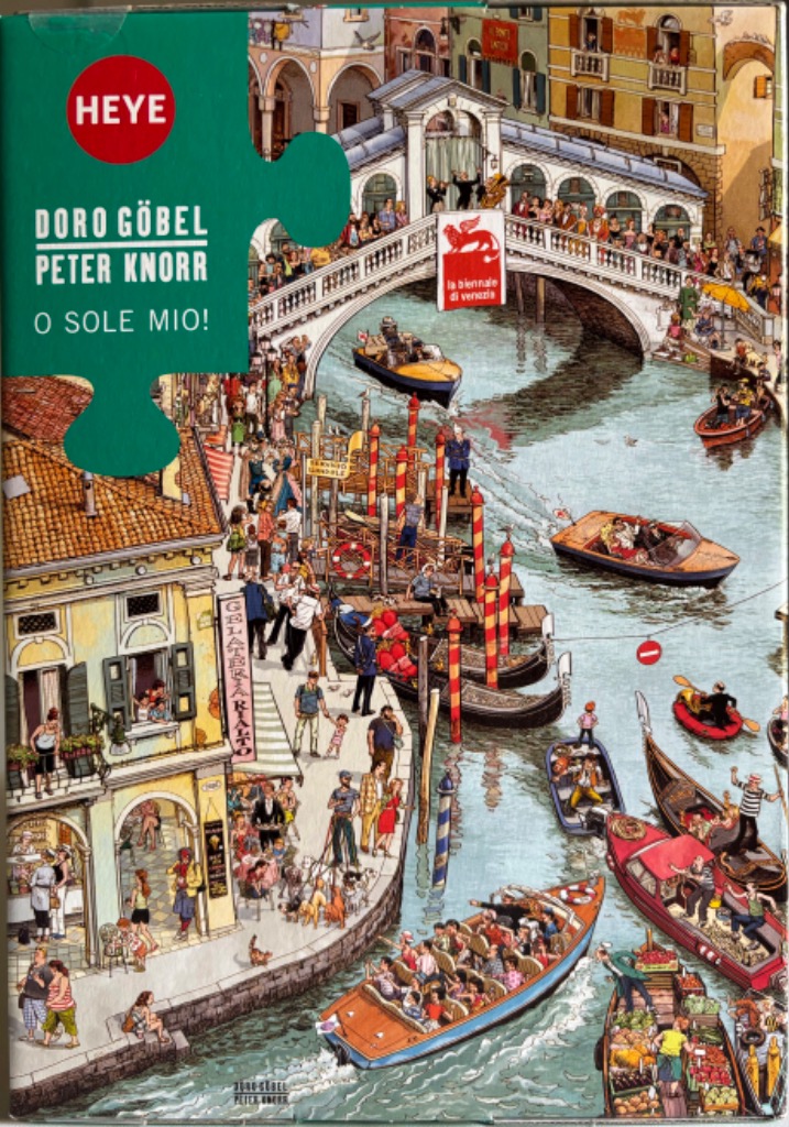 Venetian canal scene with people, boats, and bridges in a colorful, detailed illustration style.