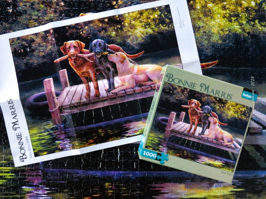 Three Labrador retrievers in yellow, black, and chocolate standing on a wooden dock over a lake.