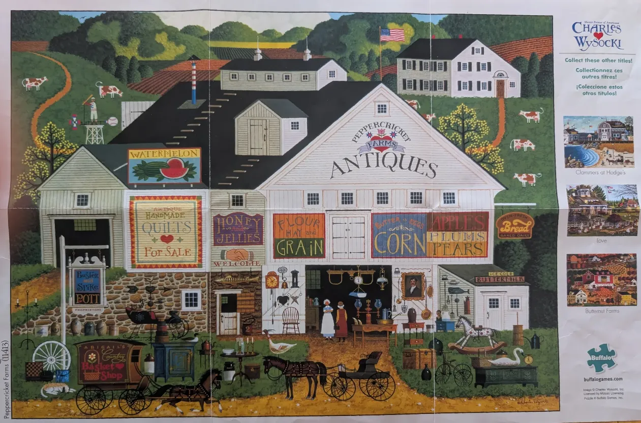A detailed folk-art scene of a rustic antique store on a farm, filled with signage, livestock, and period decor.