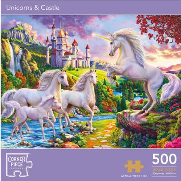 A fantasy illustration of a unicorn family standing in a lush landscape before a castle.