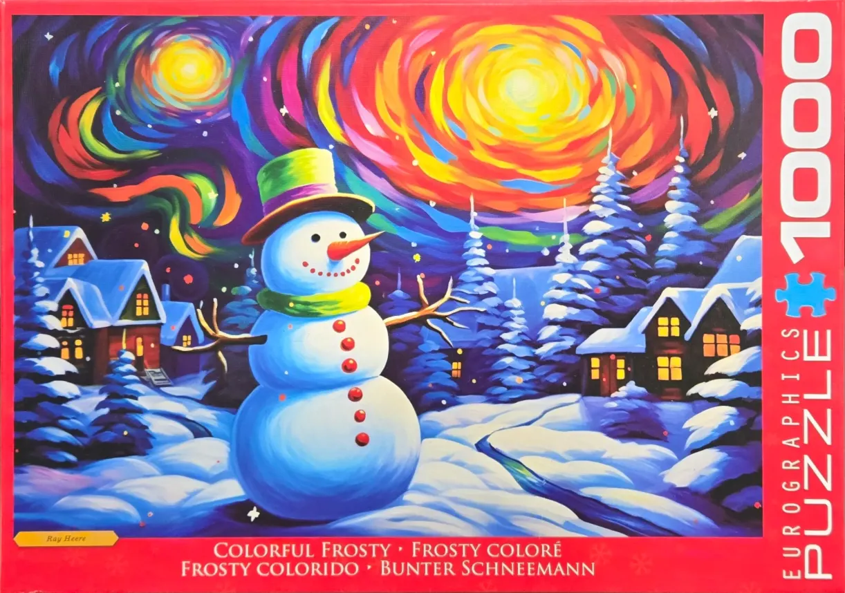 A whimsical painting of a snowman in front of a swirling, colorful night sky above a snowy village.