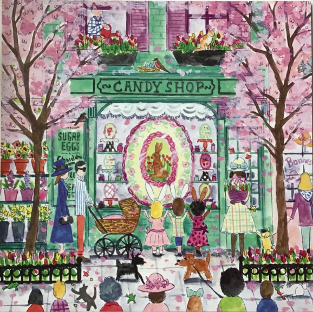 An illustration of a green storefront with a candy shop display being viewed by a crowd of people and pets in springtime.