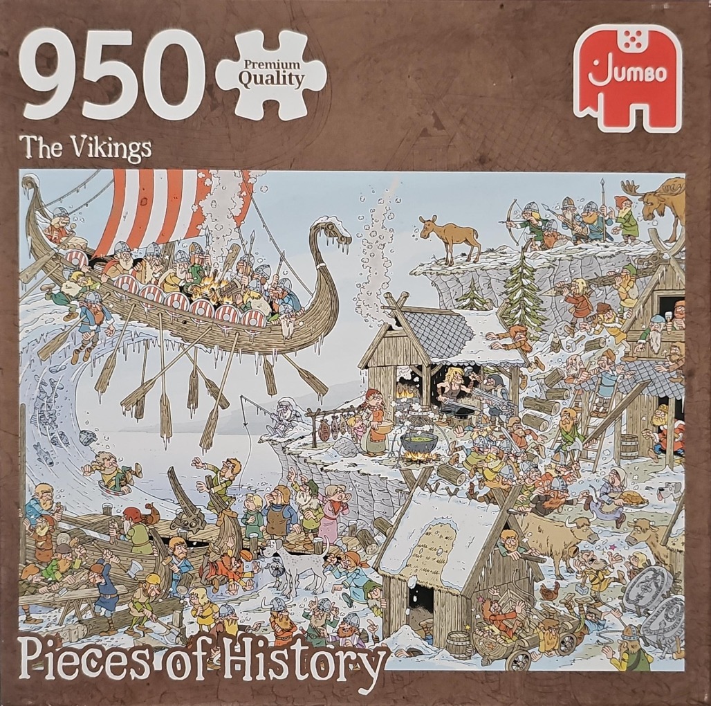 A cartoon illustration of a bustling Viking village with a large longship in a snowy coastal setting.