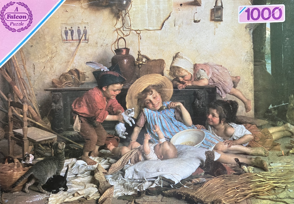 Oil painting of four children in a rustic interior with kittens and poultry.