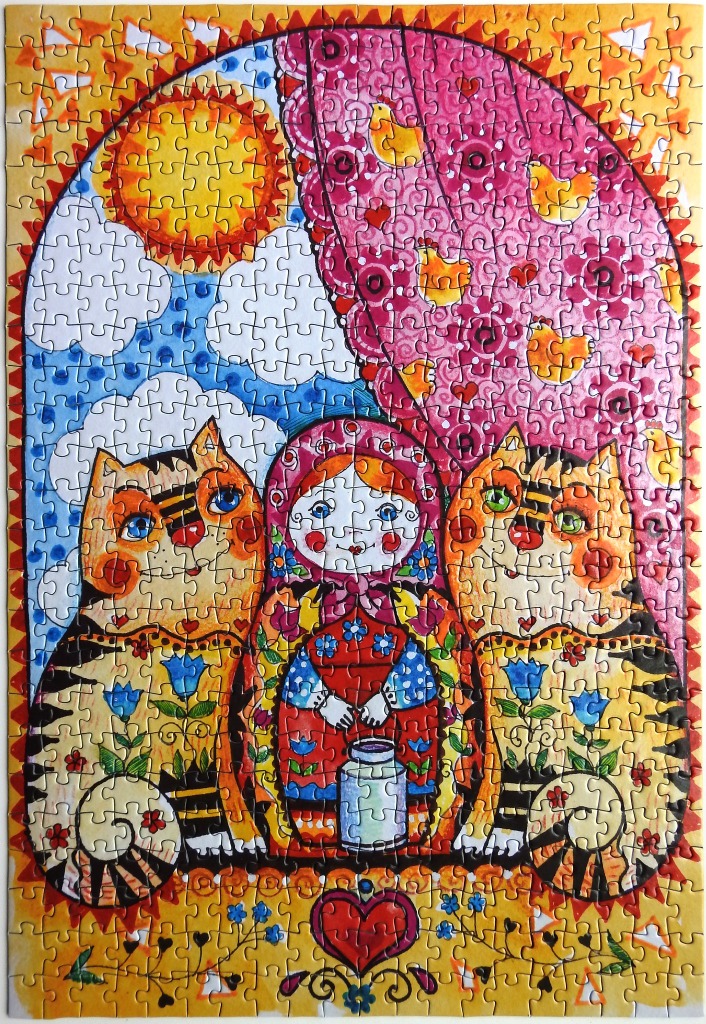 Illustration of two tabby cats flanking a Matryoshka doll under a sun and patterned curtain