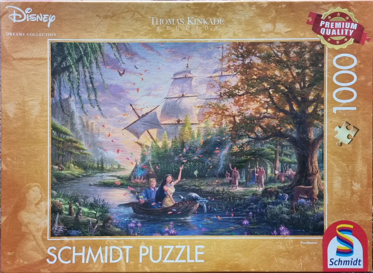 An illustration of Pocahontas and John Smith in a canoe on a river near a Native American village and large sailing ships.