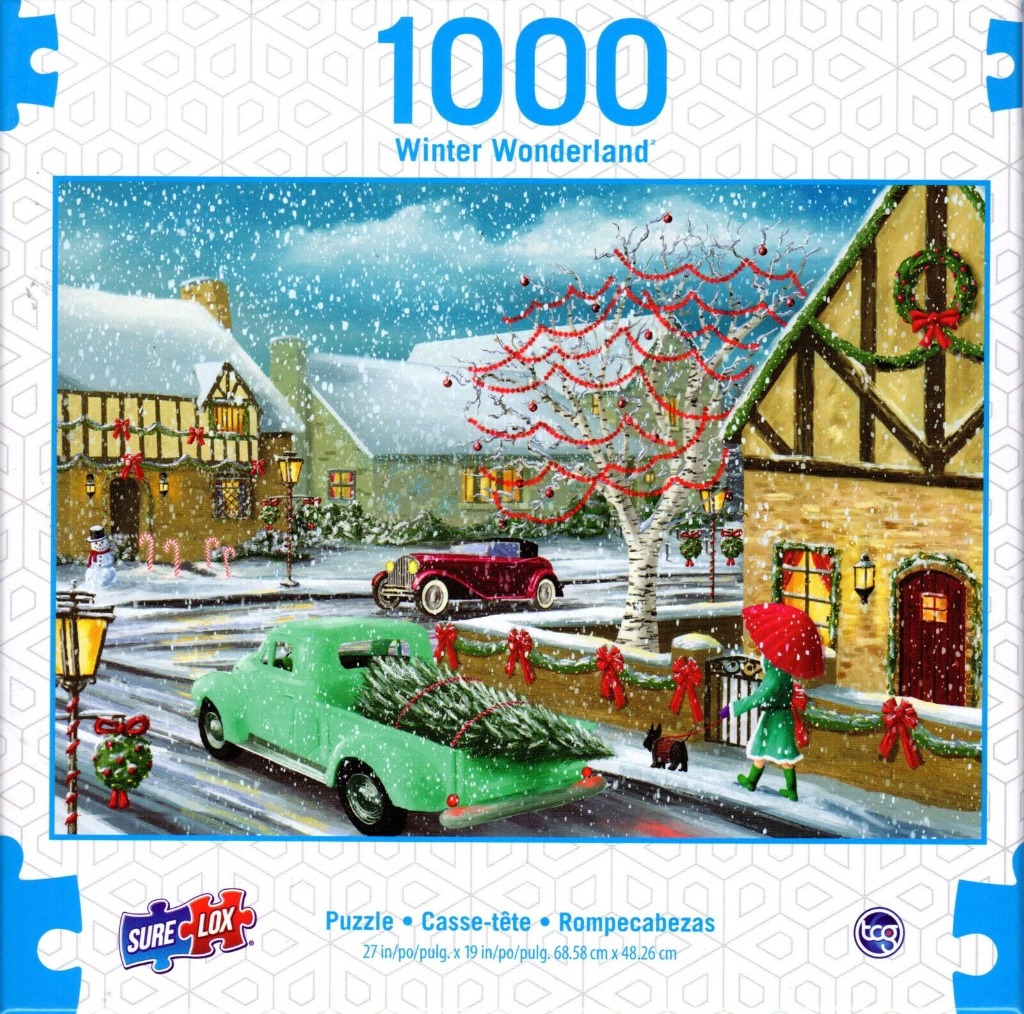 A festive winter street scene with snow, a vintage mint green truck, and charming timber-framed cottages.