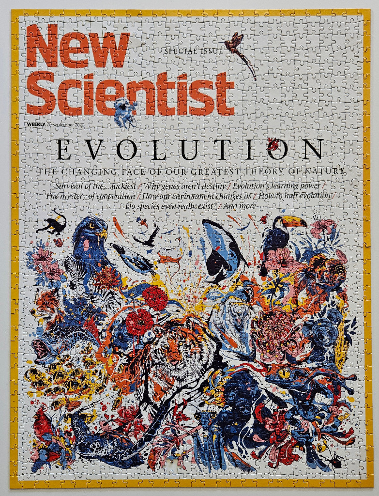 A magazine cover titled New Scientist Evolution featuring a vibrant collage of various animals and floral illustrations.