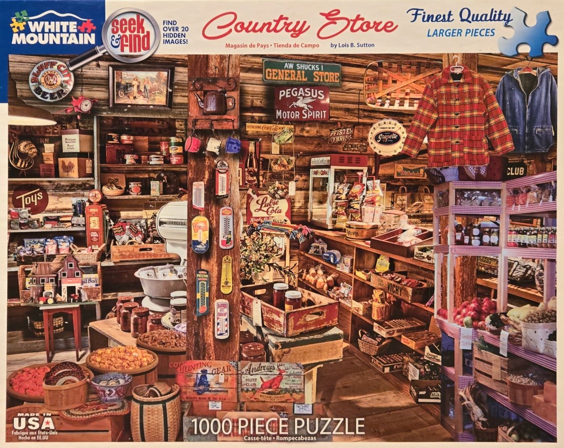 A nostalgic indoor scene of a rustic country store cluttered with vintage goods, signs, and merchandise.