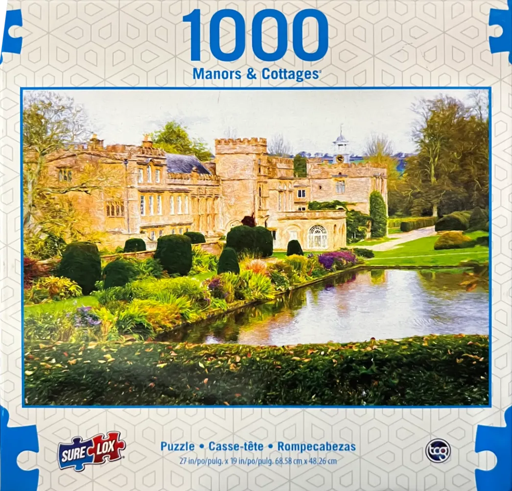 A painterly illustration of a historic stone manor house overlooking a reflective pond and landscaped gardens.