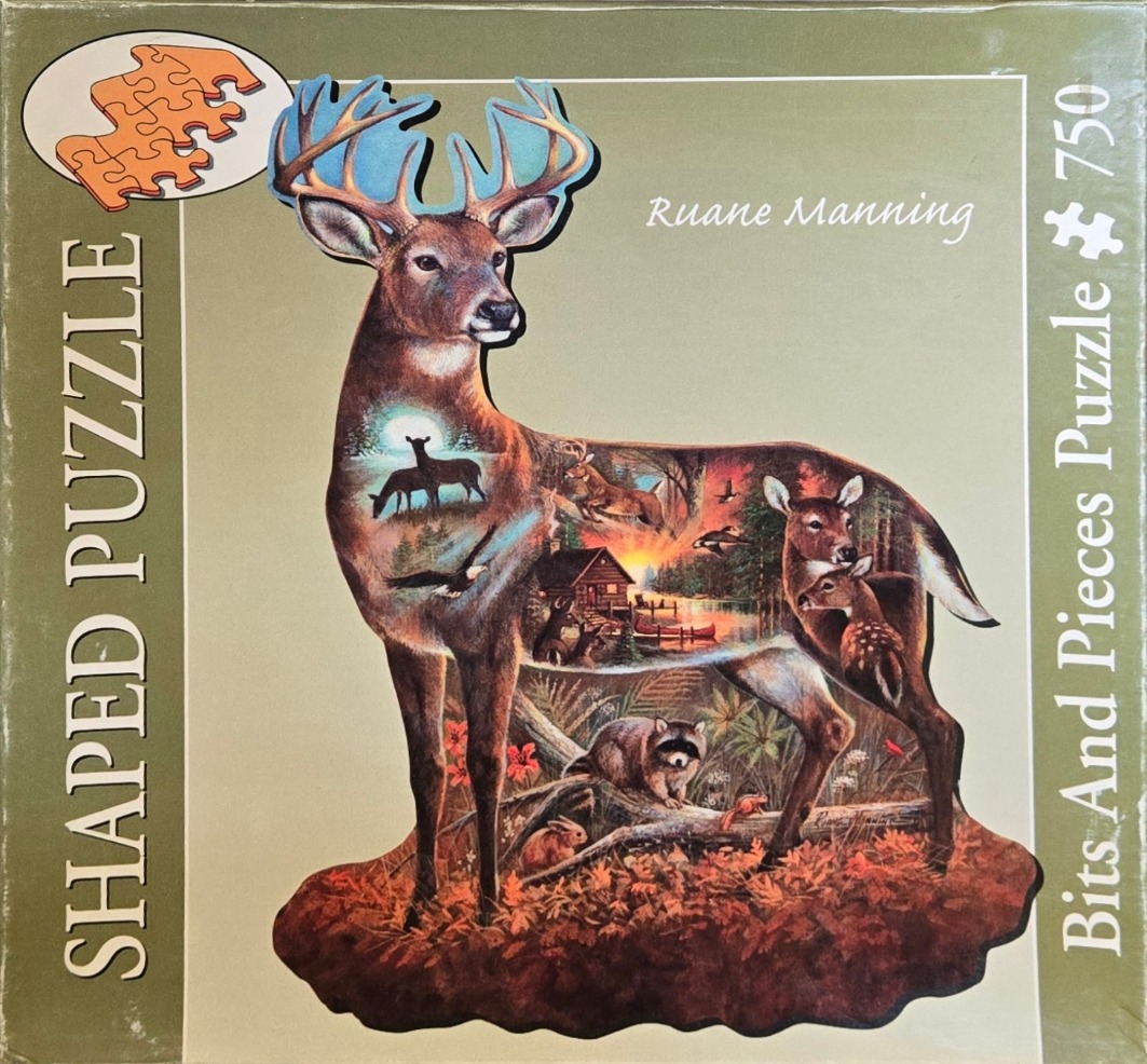 A double-exposure artistic illustration of a buck containing a landscape scene within its silhouette.
