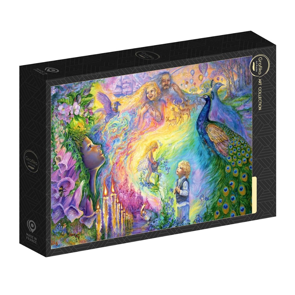Whimsical fantasy painting featuring a child, a peacock, and ethereal figures in a colorful garden.