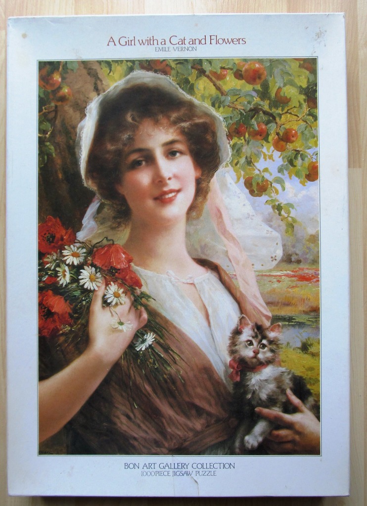 A painting of a young woman wearing a bonnet, holding wildflowers and a small cat in an orchard.