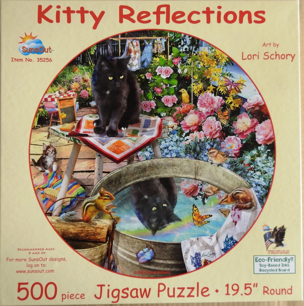 A black cat sits on a garden table, looking down at its own reflection in a metal washbasin filled with water.