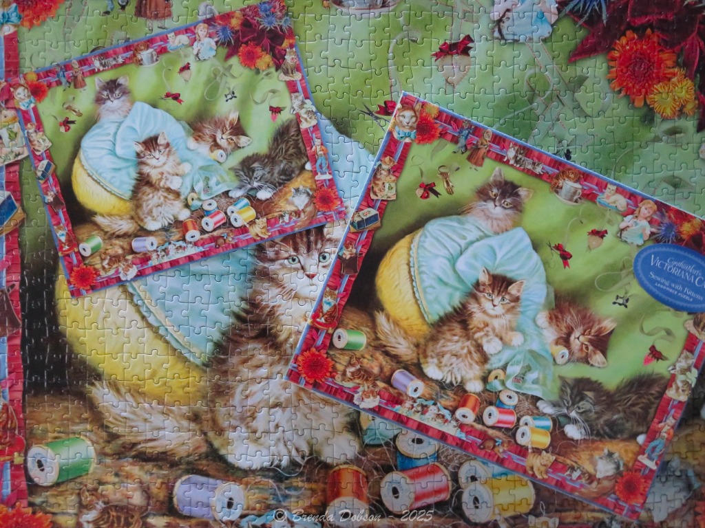 An illustration featuring fluffy kittens playing with colorful spools of thread on a soft green and yellow fabric background.