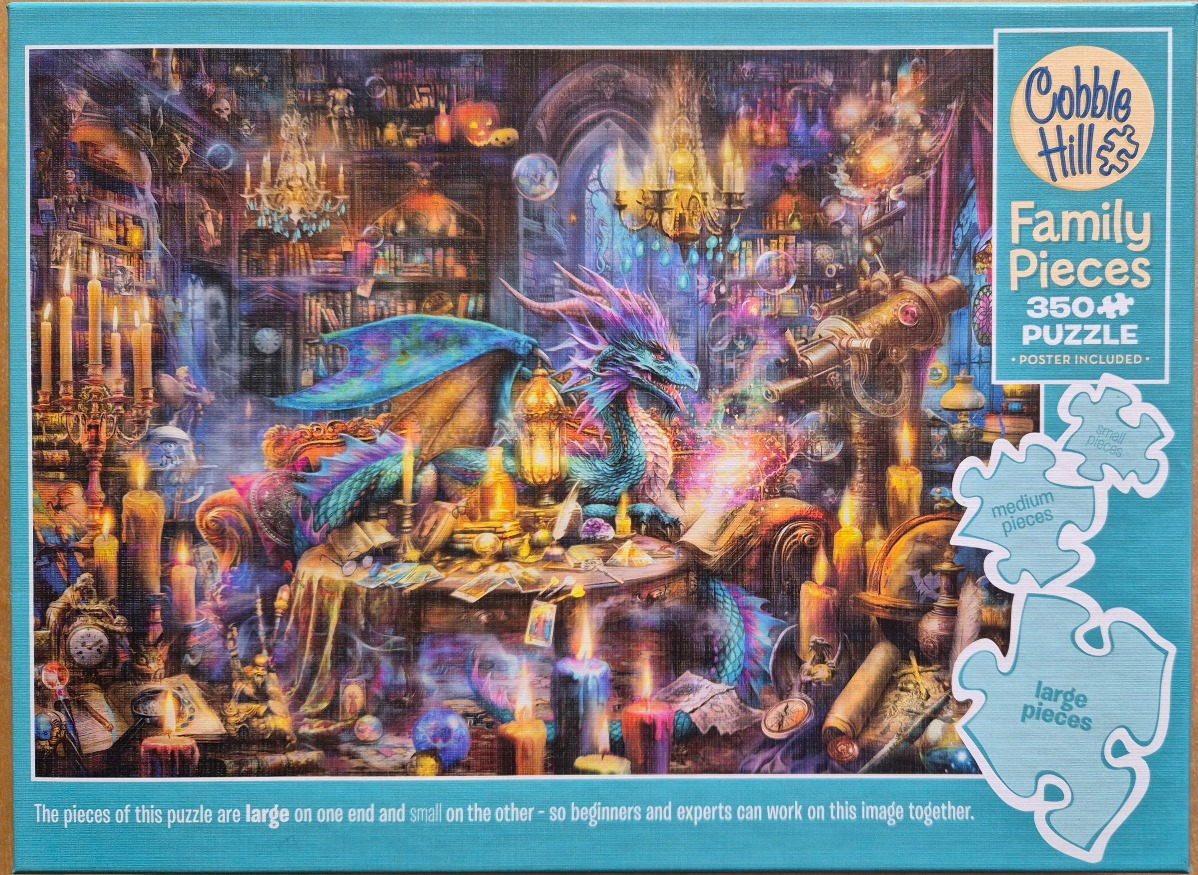A fantasy illustration of a blue dragon in a mystical library with glowing candles and magical artifacts.