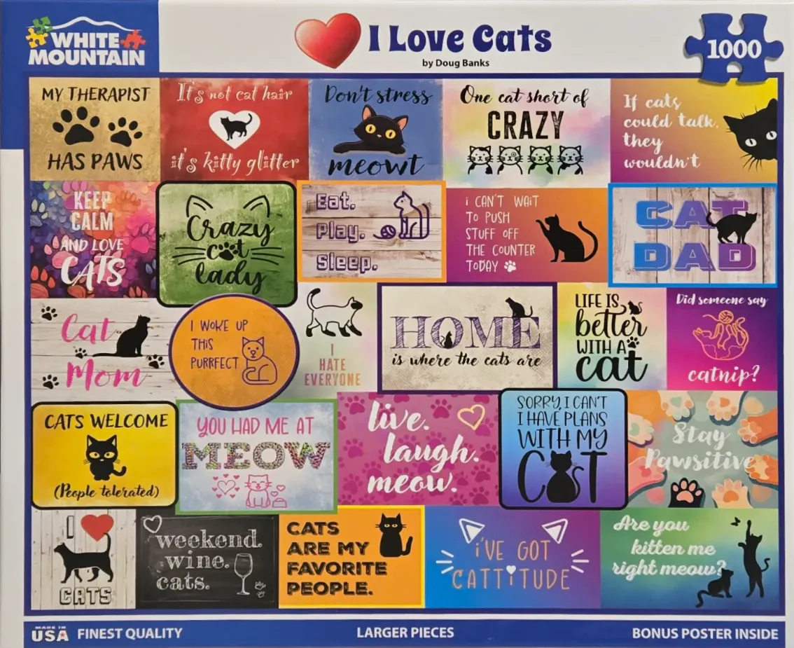 A collage of twenty cat-themed inspirational quotes, illustrations, and graphic designs in vibrant colors.