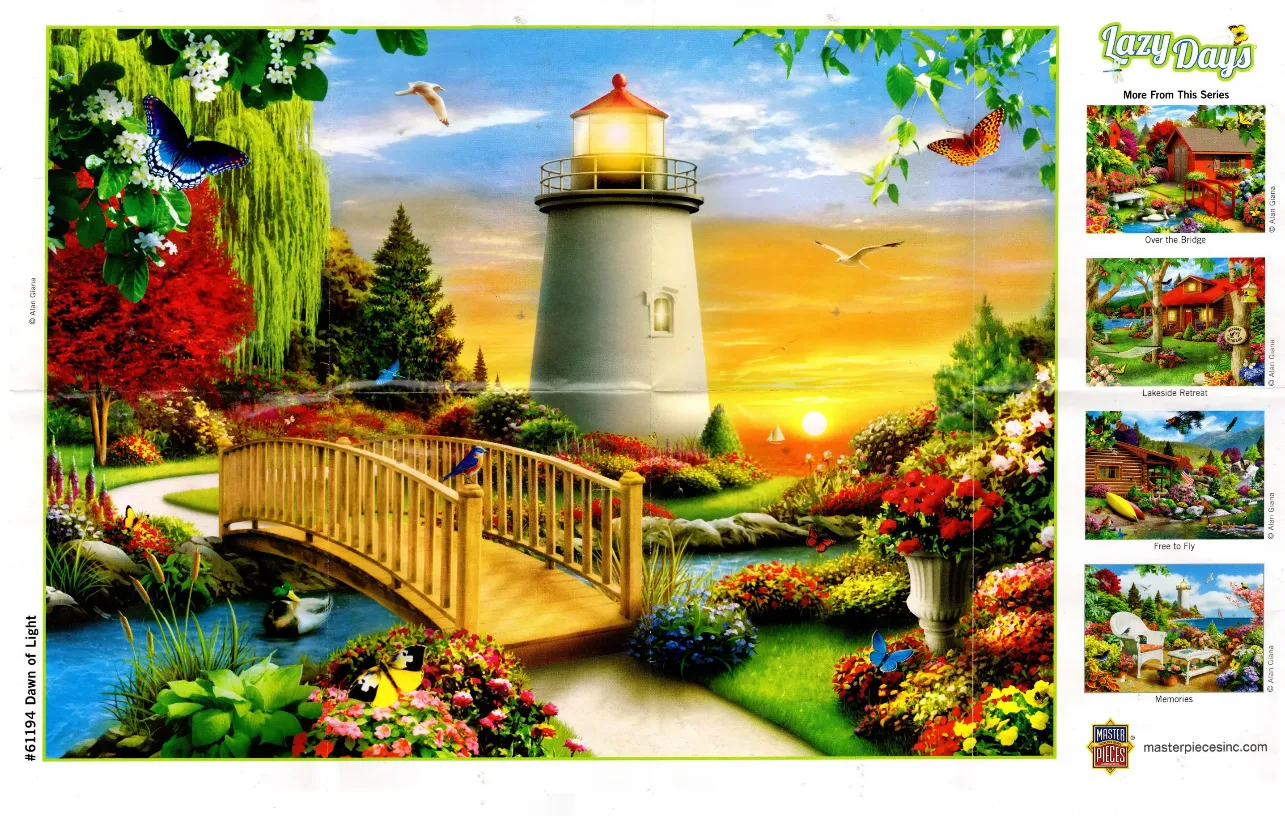 A lighthouse stands by a wooden bridge in a lush, colorful garden during a vibrant sunrise.