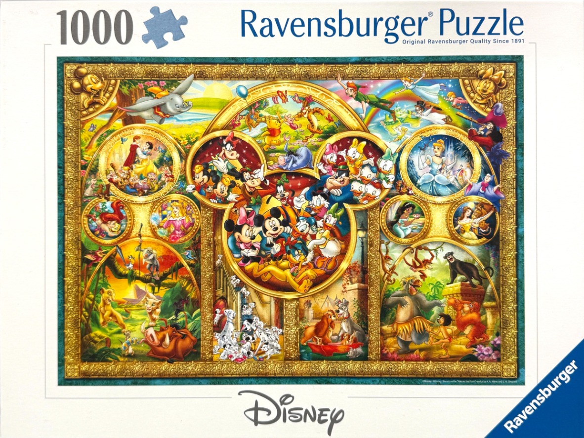 Collage of classic Disney characters within a decorative golden frame shaped like a Mickey Mouse silhouette.