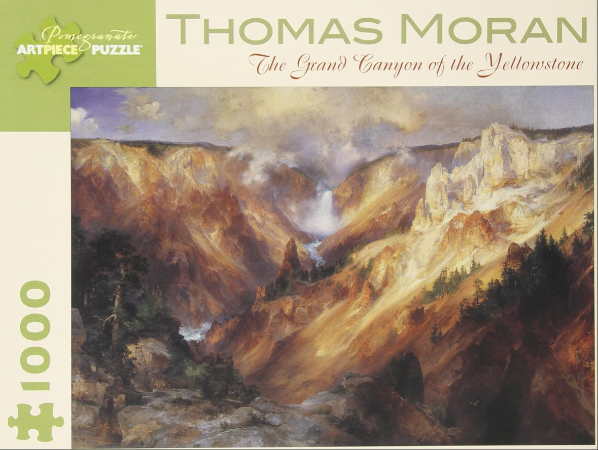 An oil painting of the Grand Canyon of the Yellowstone by Thomas Moran featuring jagged cliffs and a cascading waterfall.