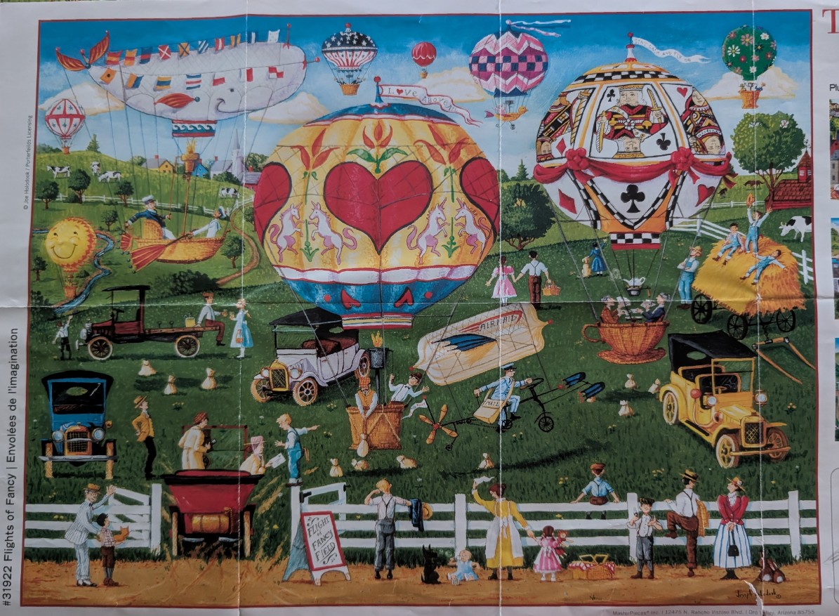 A whimsical rural scene featuring various colorful hot air balloons and antique cars in a grassy field.