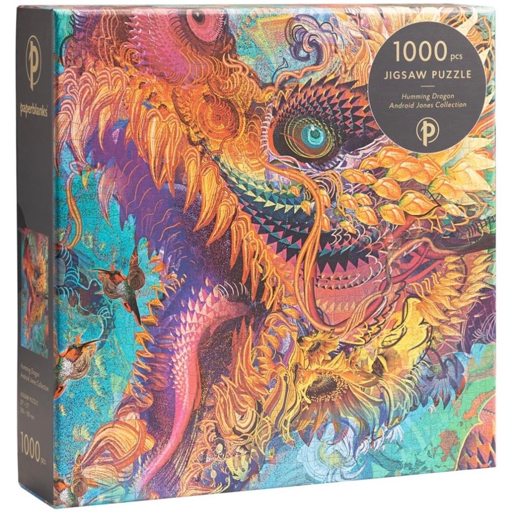 Vibrant, psychedelic digital art featuring a stylized dragon head intertwined with sunflowers and hummingbirds.
