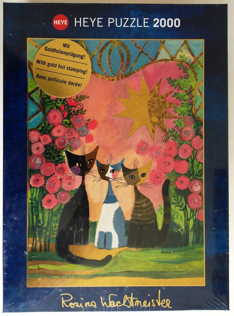 Illustration of three stylized cats sitting in a rose garden under a golden sun by Rosina Wachtmeister.