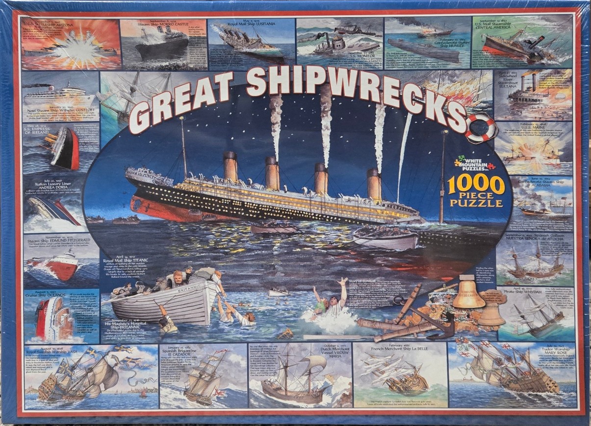 A montage of historical shipwrecks centered around an illustration of the sinking Titanic.