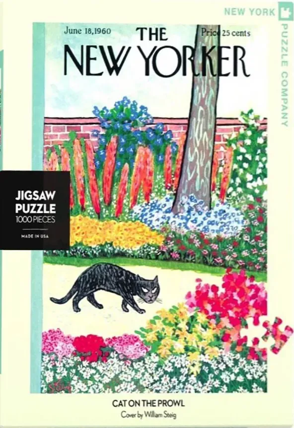 Illustration of a black cat prowling through a vibrant flower garden with a brick wall in the background.
