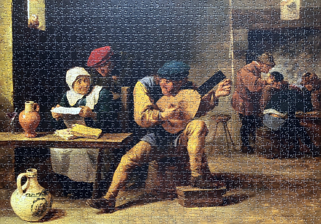 A 17th-century style oil painting of peasants gathered in a tavern, with a central musician playing a lute.