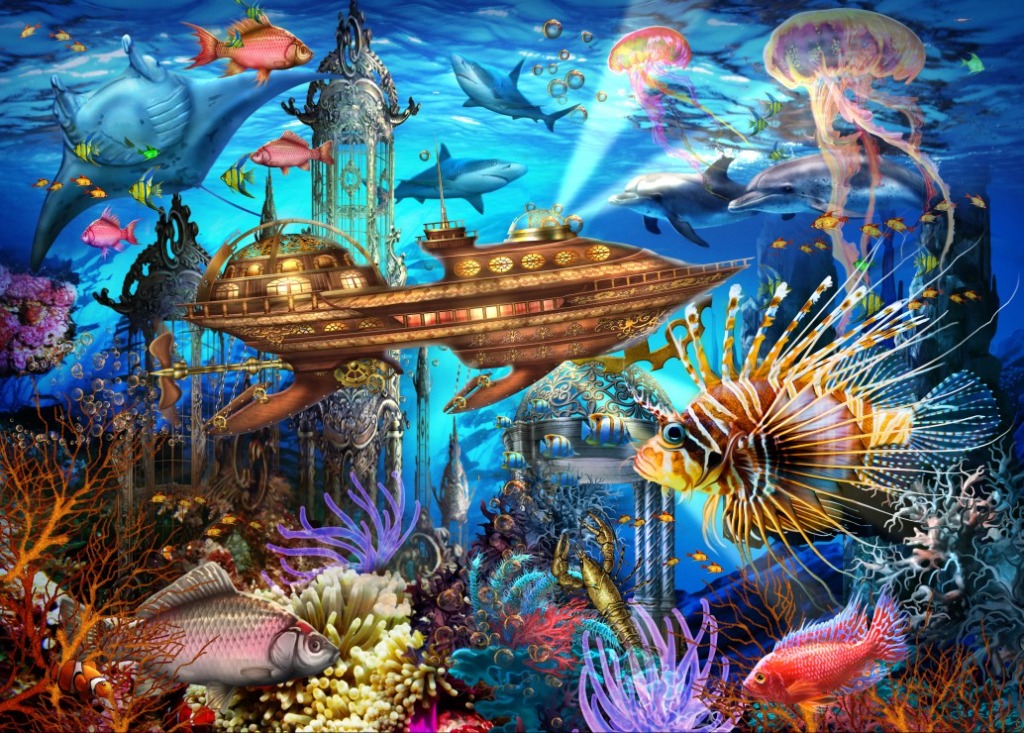 A steampunk submarine navigating through a vibrant underwater scene with marine life and ornate ruins.