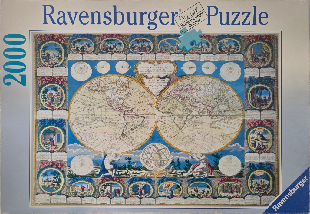 Antique world map illustration with dual hemispheres surrounded by ornate vignettes and celestial diagrams.
