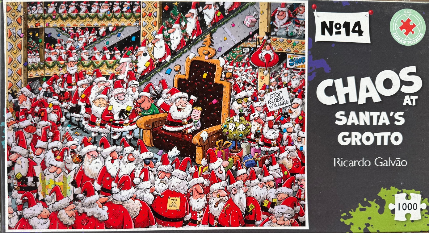 A crowded illustration featuring dozens of Santas queuing in a shopping mall.