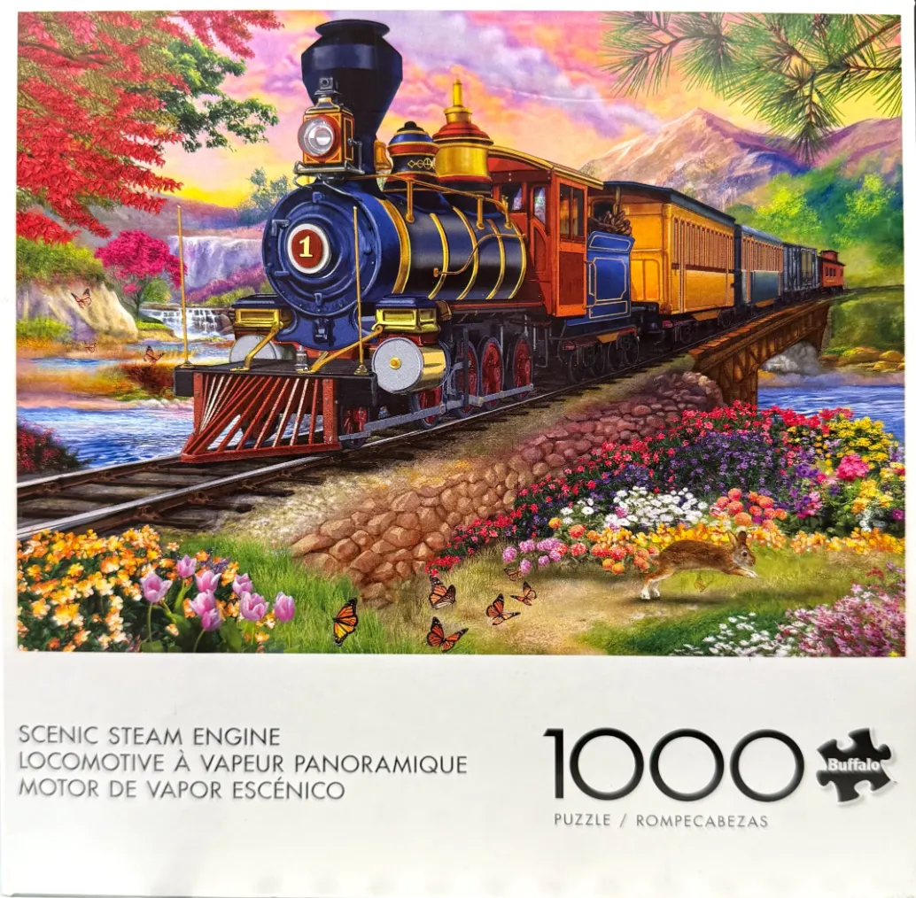 A vintage steam locomotive crossing a bridge in a colorful, vibrant mountain landscape with flowers and a rabbit.
