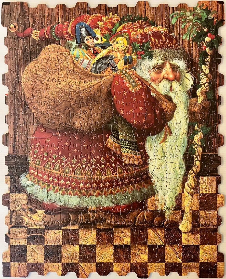 An illustration of a rustic, ornate Santa Claus carrying a large sack of toys over his shoulder.