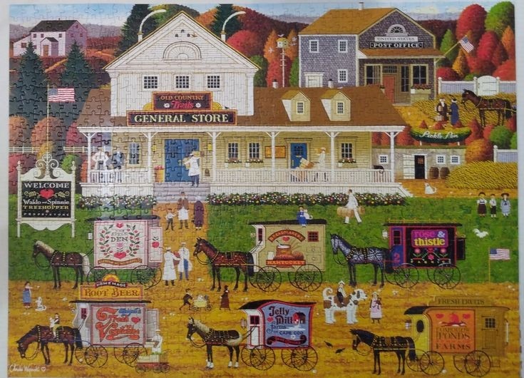 An illustration of an old-fashioned country general store with horse-drawn vendor wagons in the foreground.