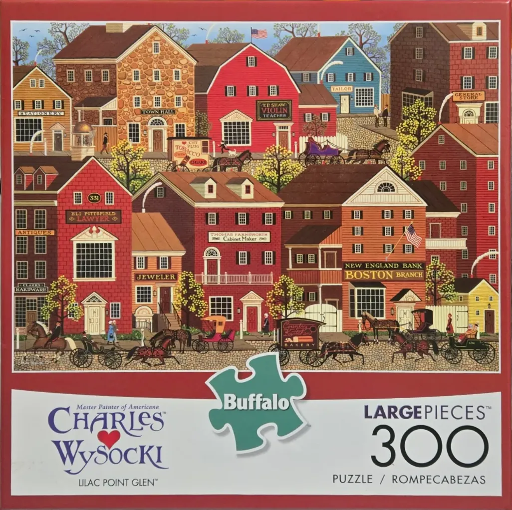An illustration of a bustling 19th-century New England town with brick buildings, horse-drawn carriages, and shops.