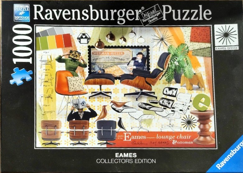 A collage of mid-century modern furniture, illustrations, and archival photos featuring iconic Eames lounge chair designs.