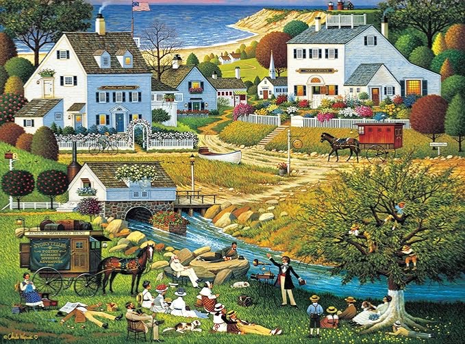 A sprawling idyllic seaside village scene with a storytelling performance taking place by a stream.
