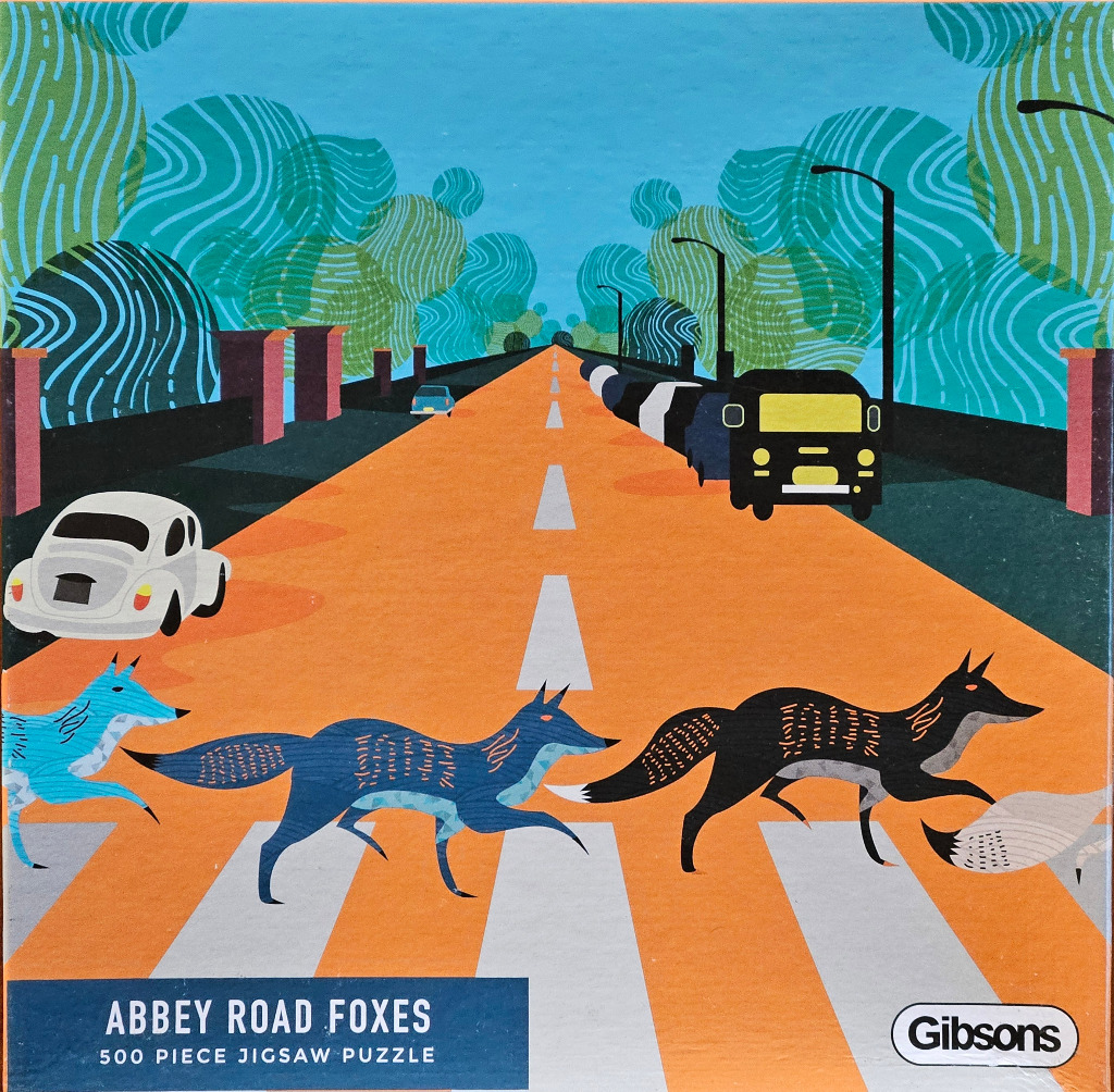 A whimsical illustration of four stylized foxes walking across a zebra crossing on a bright orange road.