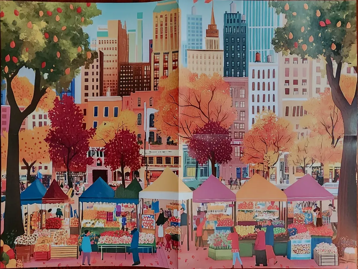 A bustling autumn farmers market beneath city skyscrapers, painted in a flat, whimsical illustration style.