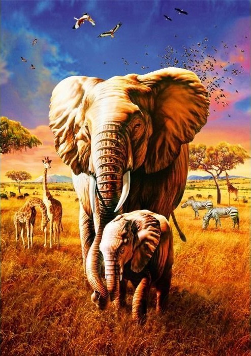 An adult elephant and calf walking through an African savanna at sunset with giraffes and zebras in the background.