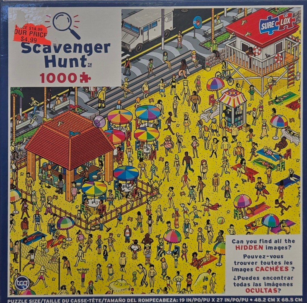 A busy beach scene filled with many tiny, cartoon-style characters and colorful umbrellas.