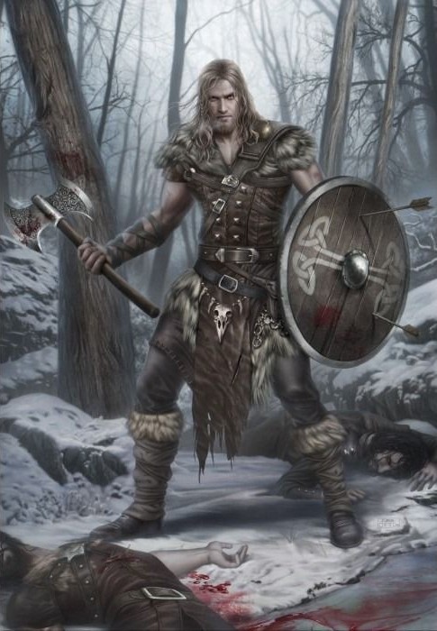 A Viking warrior in fur and leather armor stands in a snowy forest over fallen enemies, holding an axe and shield.