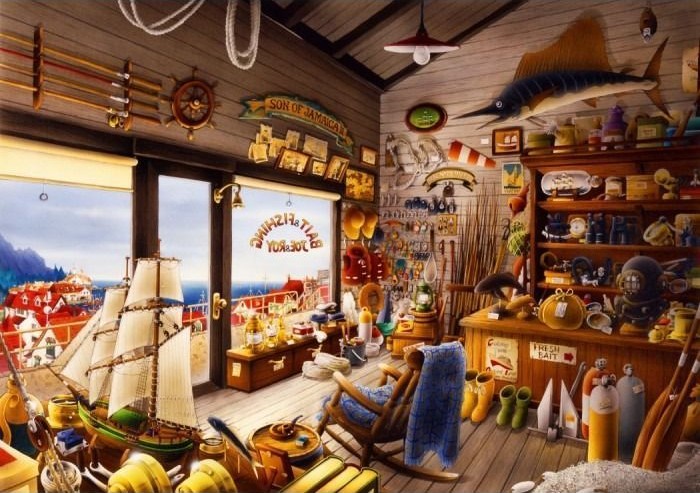 A cozy, cluttered nautical-themed bait and tackle shop interior overlooking a seaside village.
