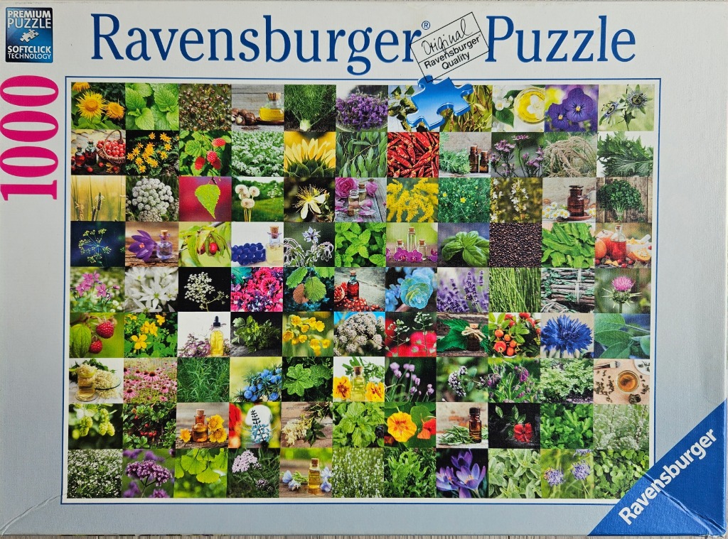 A collage of 100 square photographs featuring various herbs, flowers, and essential oil bottles.