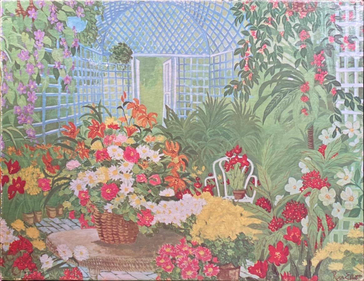 A lush, impressionistic garden scene featuring a flower-filled table under a blue trellis arbor.